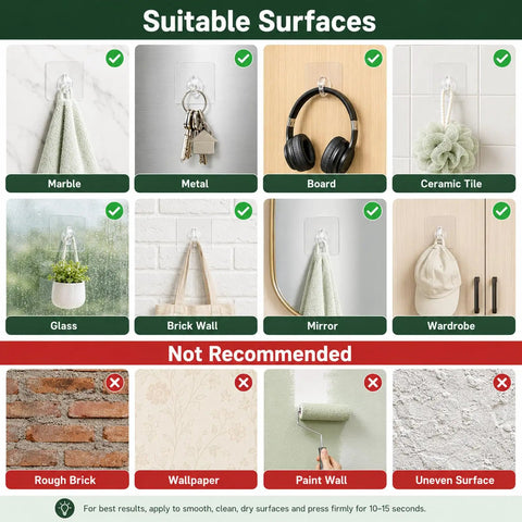 Image showing suitable surfaces for Clear Adhesive Hooks Zero Drama Strong Grip for Shower Wall Organizers including glass, metal, and marble.