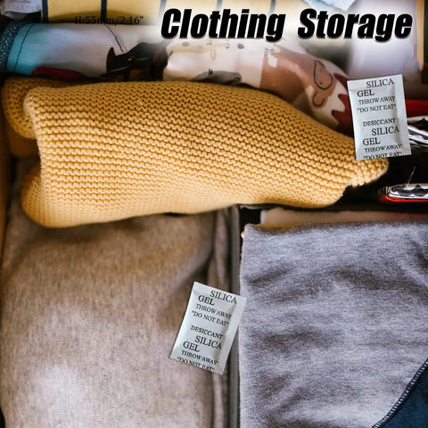 Heavy Duty Silica Gel Packets Serve Killer Moisture Extraction While Keeping Your Essentials Totally Bone Dry Across Humid Regions A Massive Lifesaver That Kills Damp Bag Issues With Minimal Fuss Perfect For Wardrobe Storage Camera Gear - inside clothing storage with knitted items and gel packets.