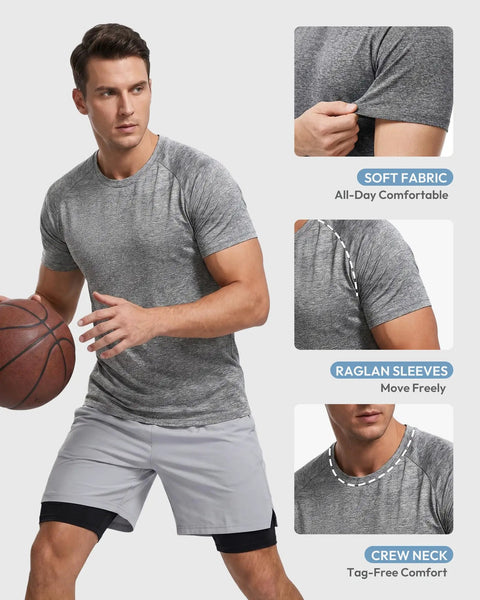 Five Pack Men's Quick Dry Gym Shirts Short Sleeve T Shirts For Workout Moisture Wicking Breathable Comfort Soft Stretch Fabric