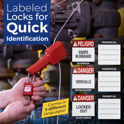 Red Keyed Alike Lockout Padlock Set, 12 Pack, Nylon Body With Steel Shackles, in use with danger labels in multiple languages