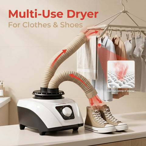 On The Go 1200W Portable Clothes Dryer drying shoes and clothes with adjustable hose in a compact home setup.