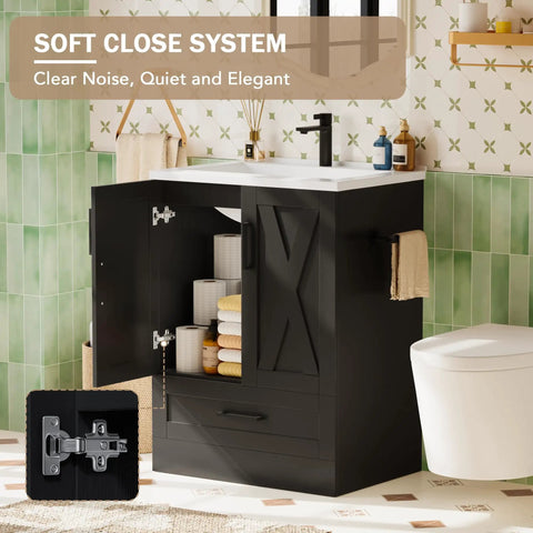 Upgrade Your Setup With This Slick 24 Inch Farmhouse Bathroom Vanity Featuring An Integrated Sink And Plenty Of Storage Cabinet Space In Sleek Matte Black for soft close system.