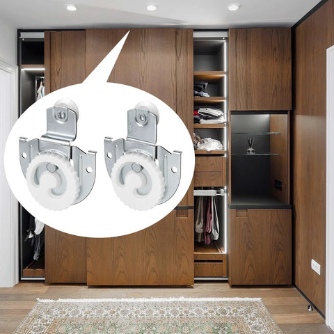 Sliding Closet Door Hardware Set 4 Pack Includes All Necessary Rollers Knobs Screws And Adjustable Hooks For Two Wood Doors Durable Galvanized Steel Construction With Round Recess Finger Pulls And Dual Floor Guide For Smooth Operation visible in closet setting