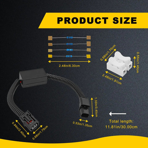 Muzzler Harness Disable Kit For Honda 3.5L V6 Engines components and dimensions with connectors and resistors listed.
