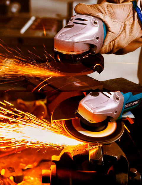 Cordless Four And A Half Inch Angle Grinder With 20V Brushless Motor 4Ah Battery And Fast Charge Up To 9000 RPM No Cable Hassle in use on metal