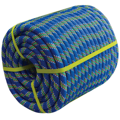 Heavy Duty 3/4 By 50 Foot Double Braided Polyester Arborist Rigging Rope Built Like A Tank, coiled, blue design for tree work.