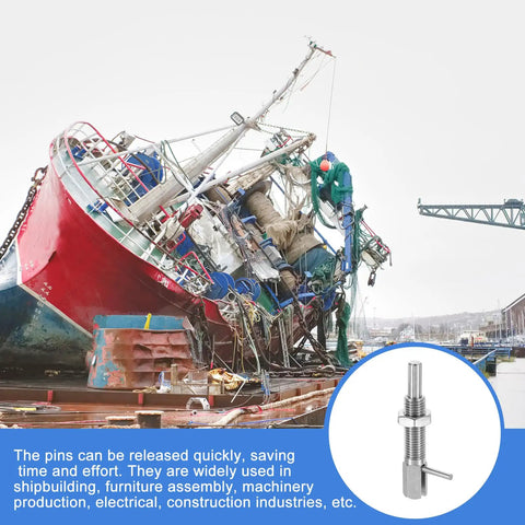 Built Like A Tank Heavy Duty Two Pack Retractable Indexing Plunger Pins M16 Stainless Steel in shipbuilding application.