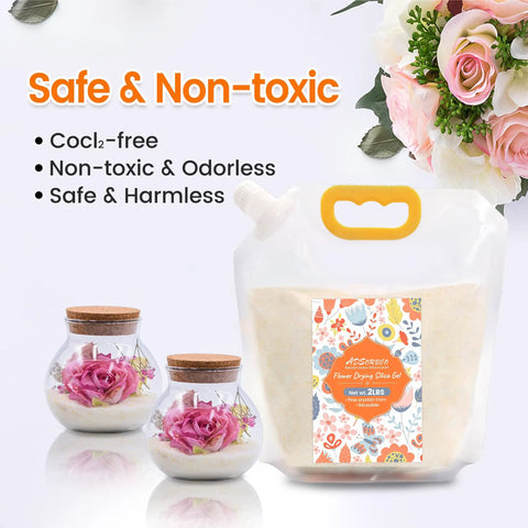 Legit Fast Absorbing Flower Drying Silica Gel Two Pounds Fine Reusable Crystals in a pouch beside decorated glass jars with roses.