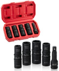 Lug Nut Impact Socket Set One Half Inch Drive With Four Dual Ended Sockets 21mm And 22mm Plus Three Inch Extension Bar In Durable CRMO Steel Case For Auto And Mechanical Work, showing sockets and red case.