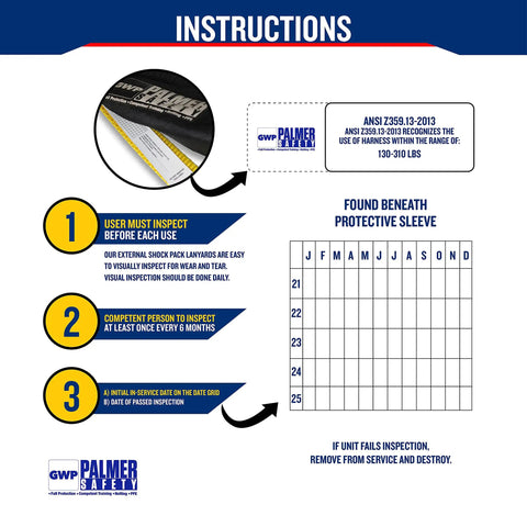 Instructions for Heavy Duty Fall Protection Harness Kit With Detachable Six Foot Lanyard Internal Shock Absorber Snap Hook