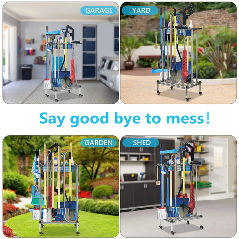 Stainless Steel Garden Tool Organizer Tower Rack with Wheels in garage, yard, garden, and shed displaying long handle tools.