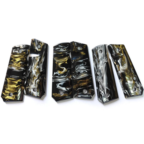 2 Pcs Acrylic Knife Handle Scales Slabs For DIY Knife Making Blanks And Blades Lightweight Yet Durable Material In Black White Yellow With Cloud Texture For Daggers Damascus Tactical Knives Gun Hilt Crafting, showcasing black, white, and yellow cloud swirls