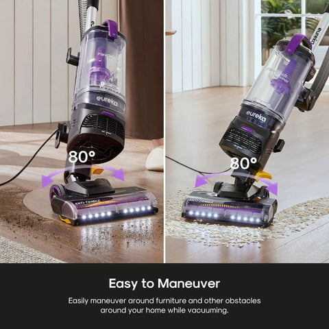 Eureka FlexReach Bagless Vacuum With Lift-Away Wand And Swivel Base For Stairs Upholstery And Hardwood in 80-degree maneuvering position.