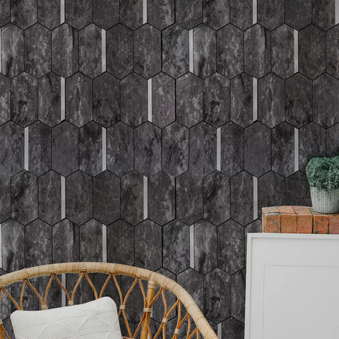 10 Pack Peel And Stick PVC Tile Sheets For Kitchen Backsplash And Bathroom Vanities Fireplace Decor Easy Install No Mess Durable Eco Friendly Vinyl With Extra Strong Adhesive And Heat Moisture Resistance 13.5 By 11.4 Inches, dark hexagonal design on wall near wicker chair and potted plant