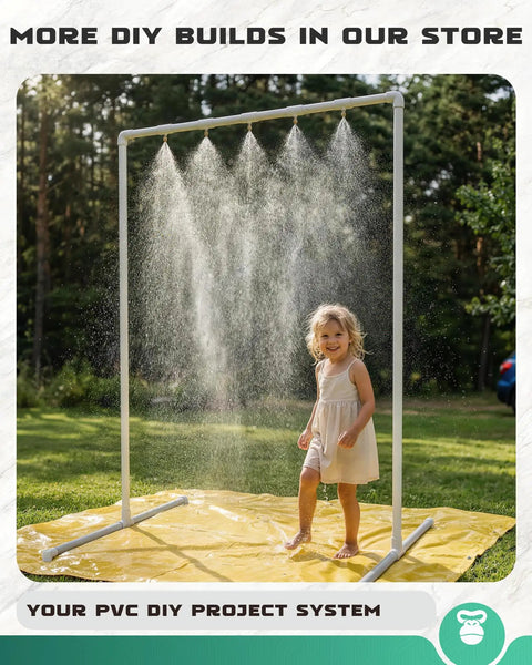 Child playing under DIY water spray frame made with Durable 2 Inch PVC Pipe 2 Pack 17 Inch Length Schedule 40 for DIY projects.