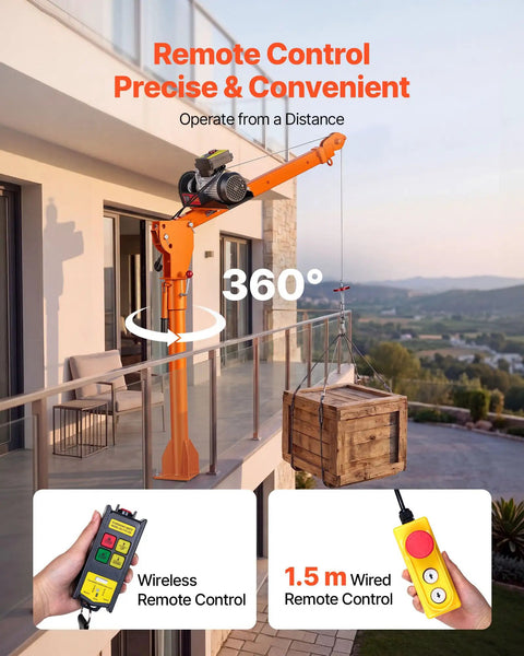 Heavy Hitter Electric Pickup Truck Crane Featuring A 3500 Pound Electric Winch And 360 Degree Swivel Folding Hoist For Real World Job Site Material Hauling with remote control in use.