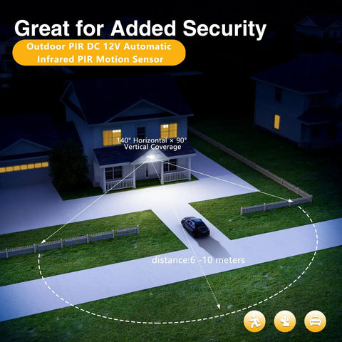 4 Pack IP65 Outdoor Motion Sensor Controller 12V DC With Adjustable Sensitivity And Delay Timer For Security And Area Lighting Systems, Anti Pet Immunity Up To 25 Kg 140 Degree Horizontal By 90 Degree Vertical Coverage Cold Weather Ready. Outdoor PIR sensor coverage diagram for house driveway