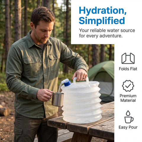 Man using Collapsible Water Container With Spigot BPA Free Foldable Water Storage Jug With Handle Portable Water Carrier outdoors