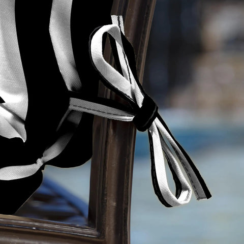 Close-up of black cabana stripe four ties on outdoor plush tufted blowfill dining chair cushion 21x40 inch rainproof, eco-friendly.