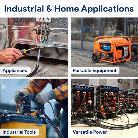 Industrial and home applications of SOOW Portable Power Cable 16/3 16 AWG with appliances, equipment, and tools.