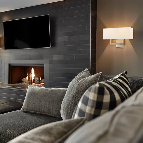 Luxurious living room with Haven 16 Inch 2 Light Totally Chic Modern Wall Sconce With White Fabric Shade For Bathrooms And Hallways.