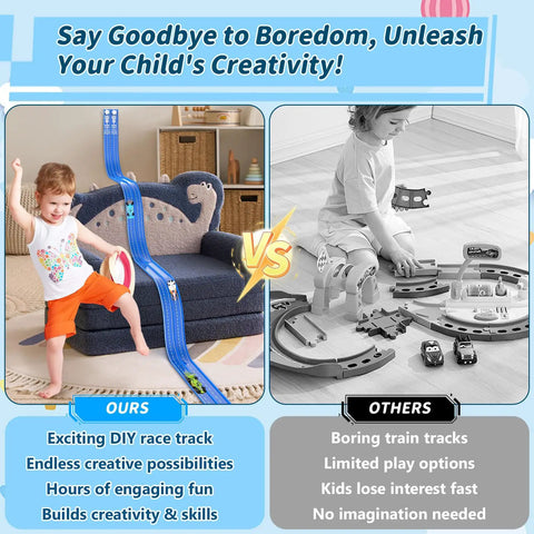 Child playing with Epic 20 Foot Flexible Slot Car Race Track Set for Kids Ages 3 and Up, showing creative play options and dual lanes.