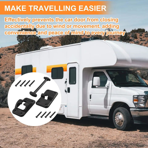 Premium Heavy Duty T Style RV Entry Door Holder 3 1 2 Inch Camper Door Catch showing black plastic design and screws for installation.