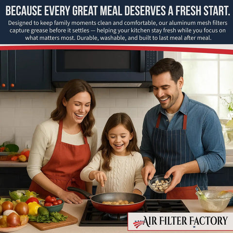 Family cooking in kitchen with aluminum mesh filters in background, promoting Aluminum Grease Filter Replacement For GE Microwave.