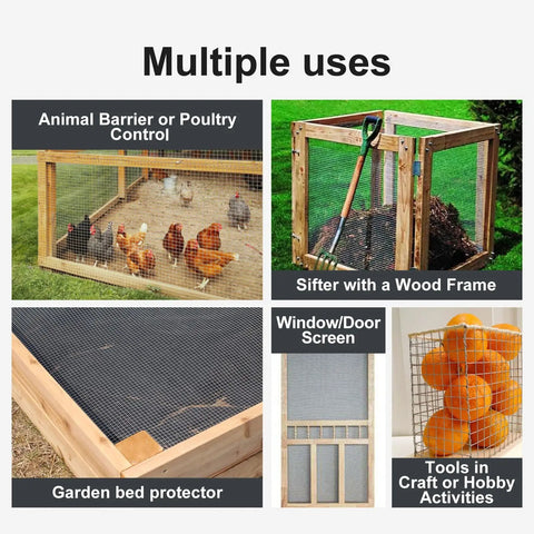 Quarter Inch Hardware Cloth 48 By 100 Feet Galvanized Welded Wire Fencing Roll shown in various uses, including animal coops and garden barriers.