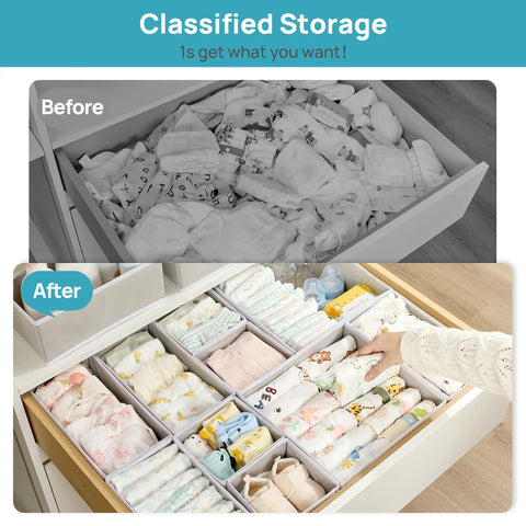Sweet Solid Everyday Foldable Fabric Baby Clothes Organizer Collection featuring spacious drawers for easy nursery stashing diapers outfits and mini kiddo gear before and after separation of baby clothes.