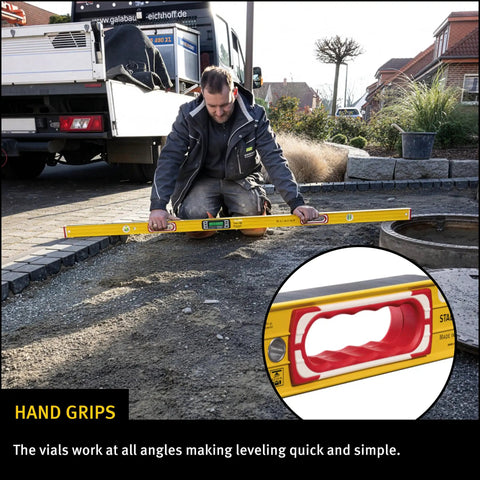 High Performance Digital Spirit Level With Crisp Illuminated Dual Screens And Beefy 48 Inch Hardcore Jobsite Beast measuring level on job site.