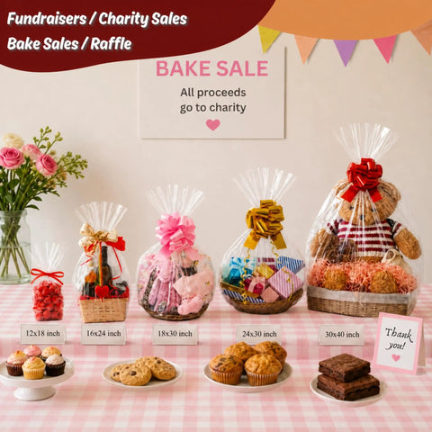 Assorted cellophane-wrapped baskets on pink table, labeled gift sizes including clear 24 By 30 Inch Cellophane Bags 10 Count For Large Gift Baskets And Big Presents Perfect For Weddings Bridal And Baby Showers Flat No Gusset See Through Gift Wrap Ribbon Not Included.
