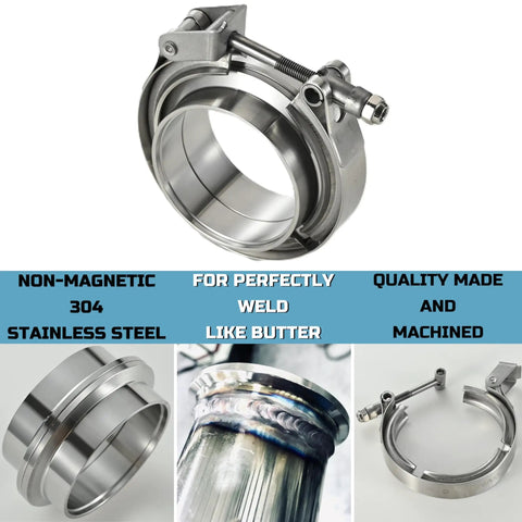 2.5 Inch Quick Release V Band Clamp And Flange Pair For Exhaust Turbo Downpipe Built With Beefy 304 Stainless Steel, non-magnetic design