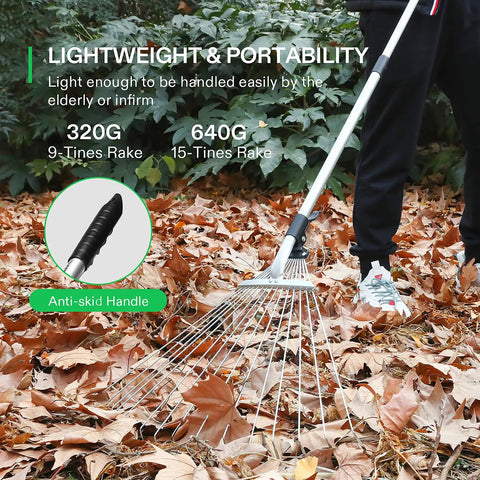 Person using Two Piece Adjustable Leaf Rake Set With Telescoping Handles And Collapsing Tines Designed For Yard Cleanup