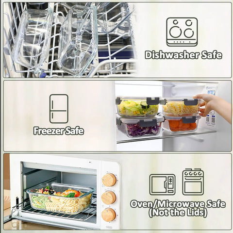 10 Pack Glass Meal Prep Containers With Lids Airtight Snap Locking Lids Clear Borosilicate Storage Bowls in dishwasher, freezer, oven