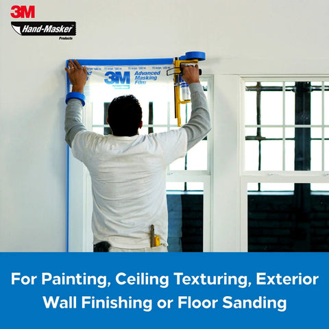 Person using Advanced Masking Film for Hand Masker, 8 Rolls, 99 In x 90 Ft, Static Cling Keeps Film In Place for window trim.