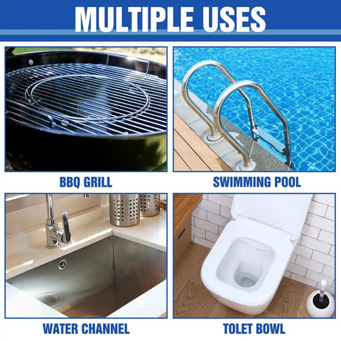 Collage showing BBQ grill, swimming pool, kitchen sink, and toilet bowl for 4 Pack Pumice Stone Grill Cleaning Bricks For Grills Ovens Stoves Barbecues Pans And Racks Heavy Duty Non Scratch Cleaner High Density Safe And Easy To Use 3.9 X 1.5 X 2.8 Inch Size