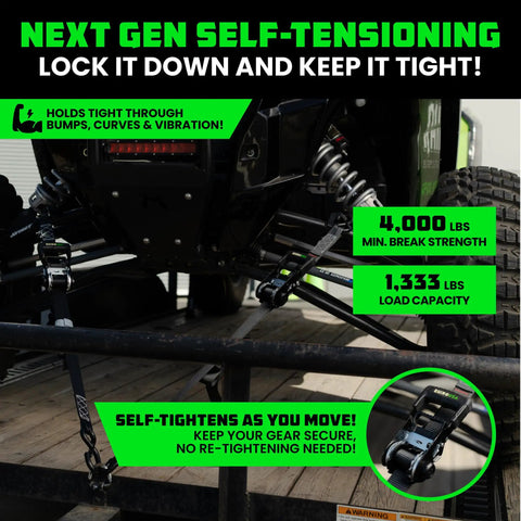 Heavy Duty Self Tensioning Ratchet Straps 2 Pack securing an ATV on a trailer with auto adjust cam, showing 4000 lbs strength.