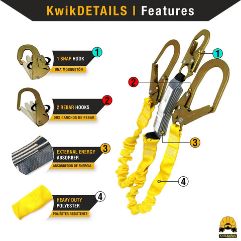 Image showing components of Heavy Duty Double Leg External Shock Absorber Safety Lanyard, 6ft Extends To 7ft 2In, Weather Ready Gear