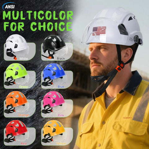 Heavy Duty White Vented Hard Hat With Brim, Ansi Z89.1 Certified Osha Approved Construction Safety Helmet, Lightweight Abs Work Hat For Men And Women, Six Point Suspension For Real Deal Job Site Protection displayed with various color options and model wearing it.