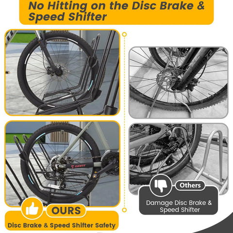 Rock Solid Four Bike Floor Rack With Zero Scratch Guards For Disc Brakes And Derailleurs Upgraded Steel Garage Organizer showing safety features for bike components.