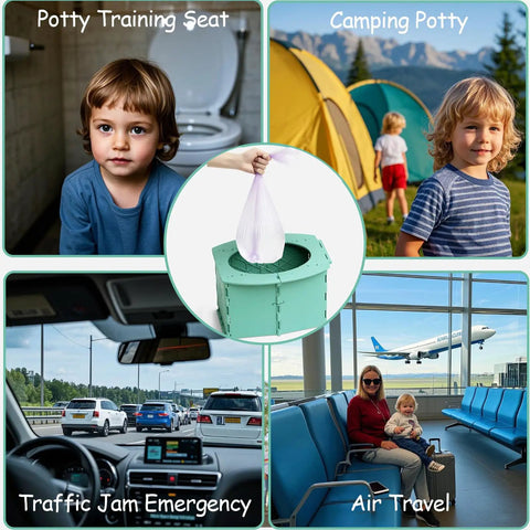 Nifty Foldable Toddler Potty Seat Grab And Go Travel Toilet For Little Kiddos BPA Free With Cleanup Bags Road Trip Ready On Deck For Camping And Family Getaways Green in various travel settings.