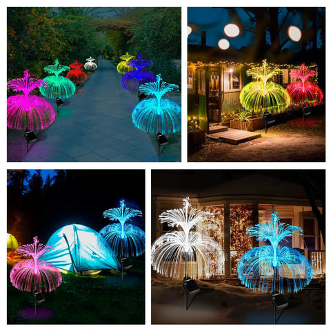 Lit Jellyfish Solar Lights Outdoor Garden 3 Pack Waterproof Color Changing Yard Decor With Star And Moon Accents along a path.
