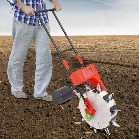 Person using Walk Behind Garden Seeder With 10 Nozzles For Corn Soybeans Peanut Cotton 3-15mm Seeds Manual Seed Planter 6 Inch Spacing