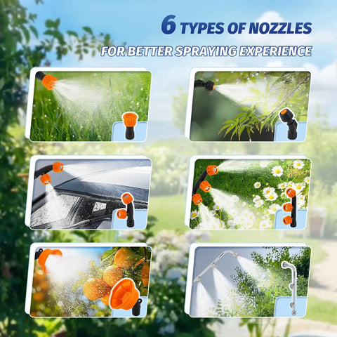 Six mist nozzles demonstrating spray patterns of Battery Powered Backpack Sprayer 5.28 Gallons 20L With Mixing System And Telescopic Wand