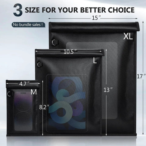 Three black military-grade Faraday bags for cell phones and car keys, size comparison, labeled M, L, XL, on a gray background.