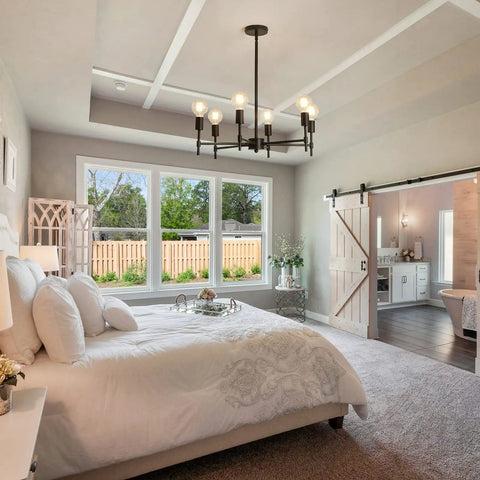 Bedroom with Six Light Sputnik Ceiling Fixture In Matte Black Industrial Farmhouse Vibe Modern Semi Flush Mount Pendant Light