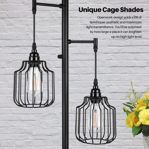 Dimmer Floor Lamp With 3X 800LM LED Edison Bulbs, Tall Standing Corner Lamp In Farmhouse Black with cage detail
