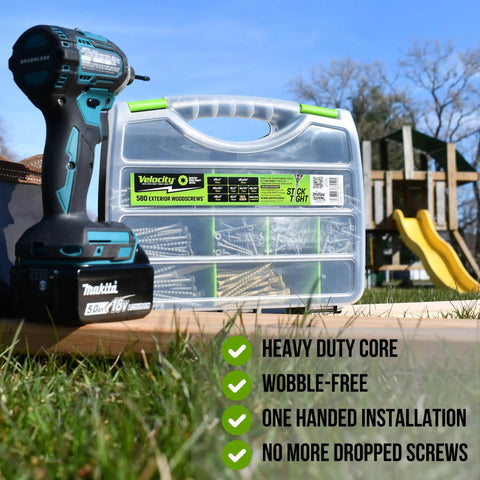 Close-up of Interior Wood Screws Assortment Kit, 1225 Pieces, 10 Size Set with drill and storage organizer outdoors.