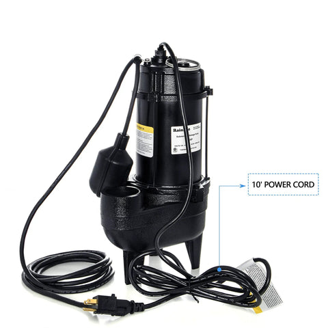 Front view of Beefy Half HP Cast Iron Submersible Sewage Pump With 2 Inch Discharge 6000 GPH Flow 27 Ft Lift Handles 10 Ft Cord
